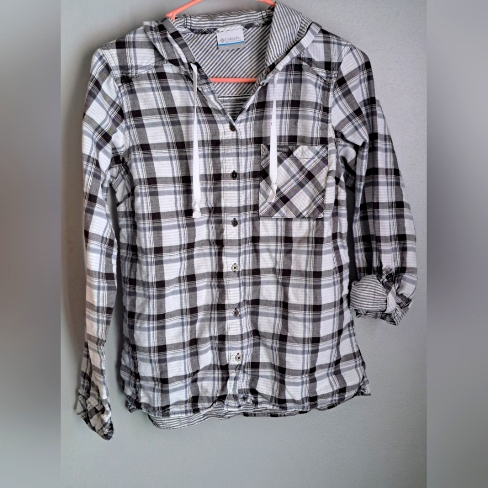 Columbia Plaid Hooded Shaket Button Down Shirt Black and White Size Small